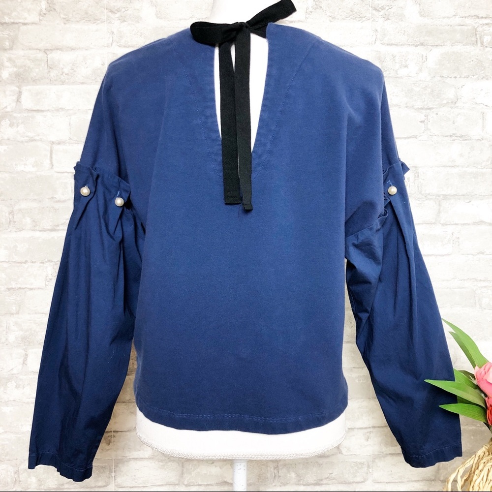 Amaryllis Blue Long Sleeve Back-Tie Top Small - Picture 3 of 8